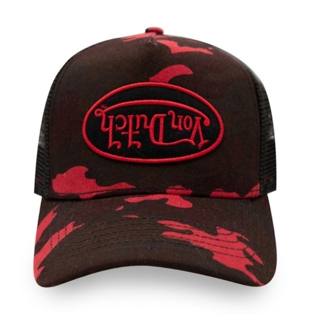 ❤️▪️Von Dutch▪️  Black and Red Camo Upside Down Logo Trucker Unisex Hat